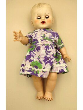 Vintage 1950s Baby Doll Drink & Wet Vinyl Floral Purple Dress Sleepy Eyes 12"
